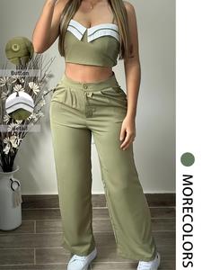 Women's Crop Camis Top & Wide Leg Pants Two-piece Set, Casual Fashion Cozy Two Piece Outfits for Daily Outdoor Wear, Women Clothes for Spring Fall