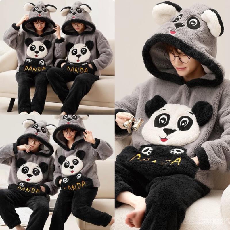 Bộ ngủ lông cừu 2 mặt thêu gấu PANDA xám đen form rộng nam nữ UNISEX, Set áo lông mũ tai gấu mượt mà kèm quần dài ulzzan, TOTO SHOP