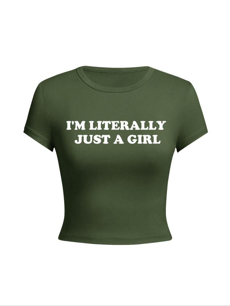 Product Introduction of Women's "I'm Literally Just A Girl" Slogan Print Round Neck Crop Tee, Summer Clothes, Fashion Casual Crew Neck Short Sleeve T-shirt for Daily Outdoor Wear, Graphic Tee, Ladies Streetwear Clothes for All Seasons, Going Out Tops 7