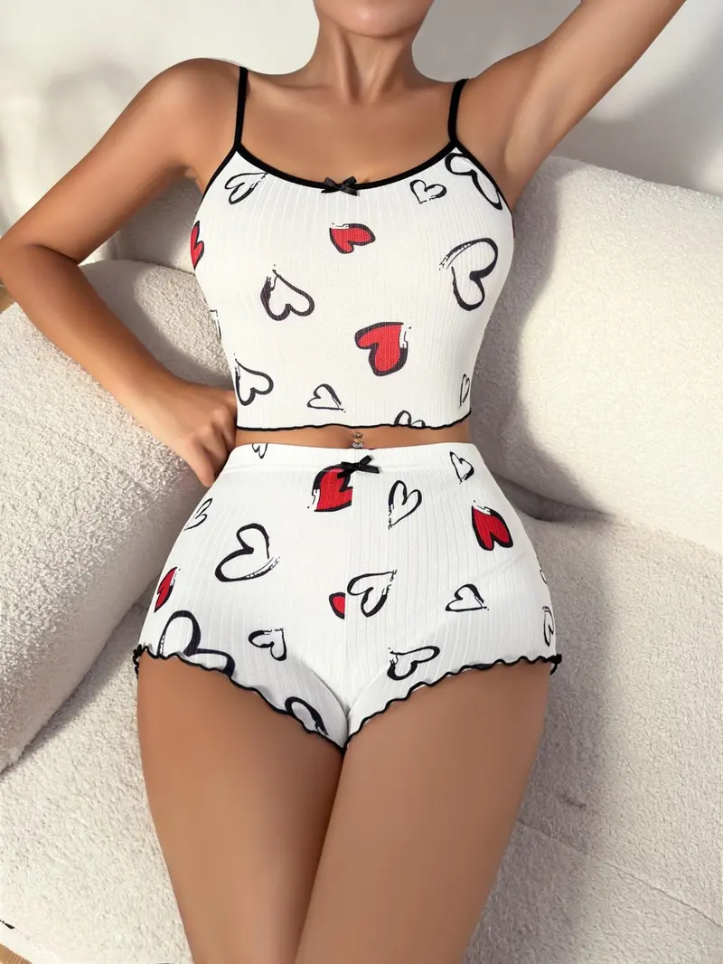 Product Introduction of Christmas Gift Women's Heart Print Lettuce Trim Pajama Set, Casual Comfort Sleeveless Cami Crop Top & Elastic Waist PJ Shorts, Summer Wear 2024, Women's Tighten Pants, Lady Chic Homewear Loungewear Pyjamas Womenswear Lingerie 4