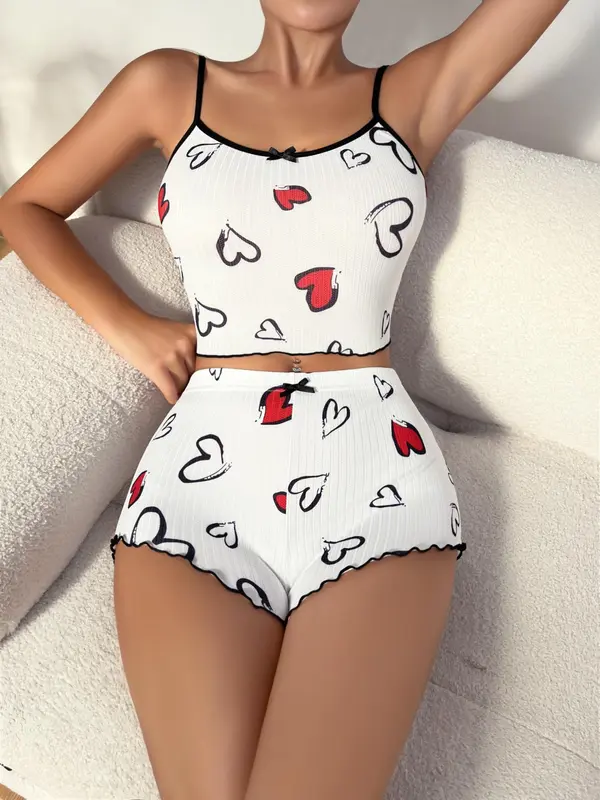 Christmas Gift Women's Heart Print Lettuce Trim Pajama Set, Casual Comfort Sleeveless Cami Crop Top & Elastic Waist PJ Shorts, Summer Wear 2024, Women's Tighten Pants, Lady Chic Homewear Loungewear Pyjamas Womenswear Lingerie 2