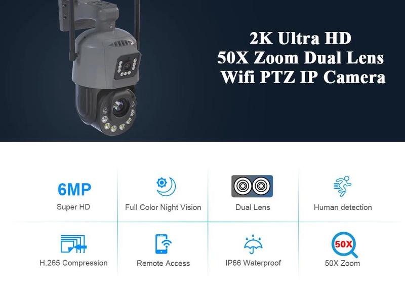 Product Introduction of Dual Lens Dual Screen 50x 30X Zoom 6MP Wifi PTZ IP Camera Outdoor Human Detection Wireless CCTV Security Surveillance Camera 2K 0