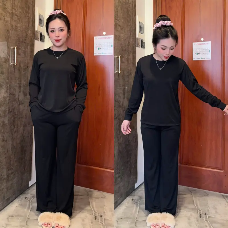 Bộ Cổ Tròn Quần Ống Xuông Chất Tăm Lạnh Co Giãn 2 Size 6