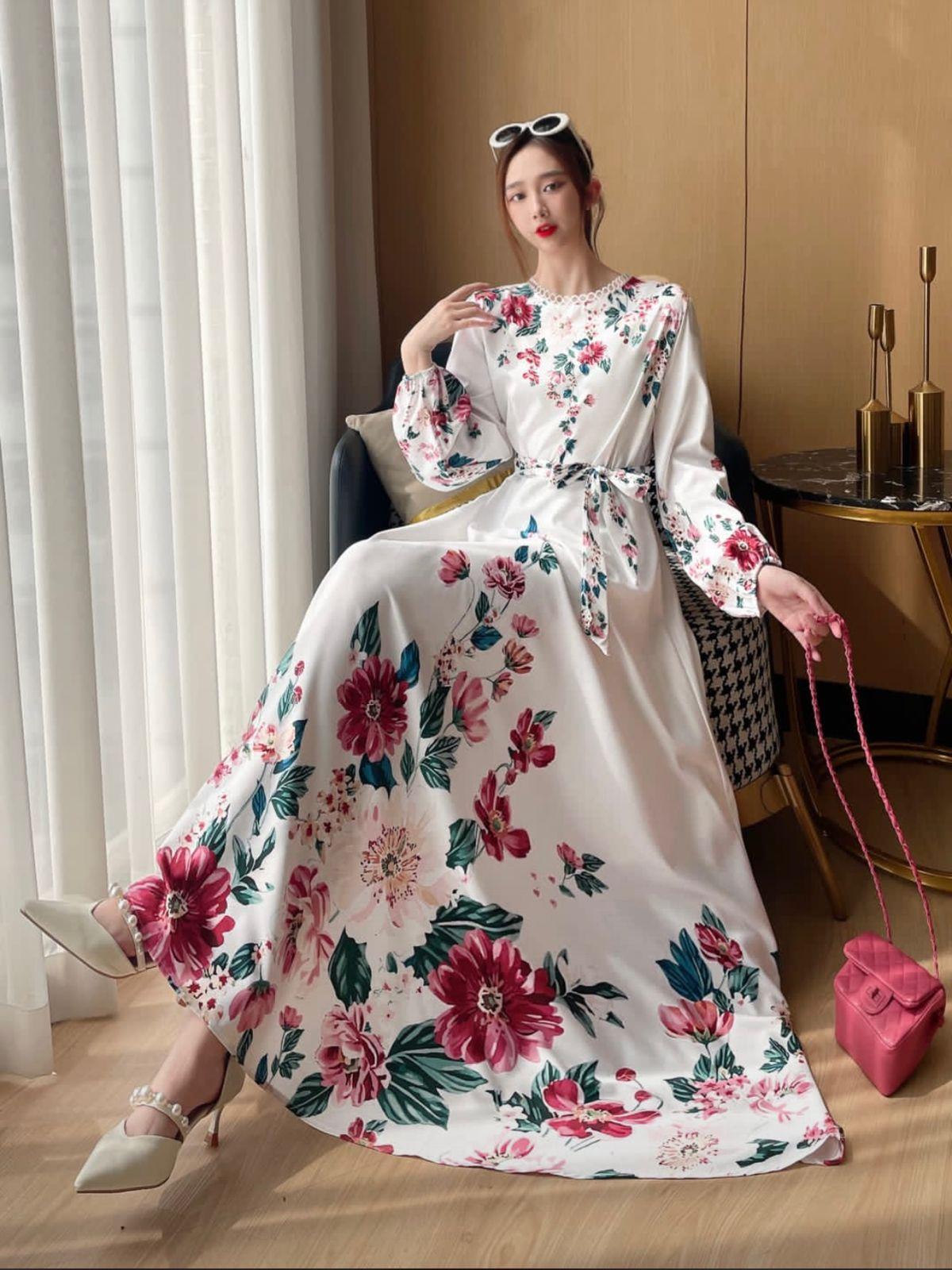 CT789 Gamis Bunga Cantik Import Bahan Satin Silk