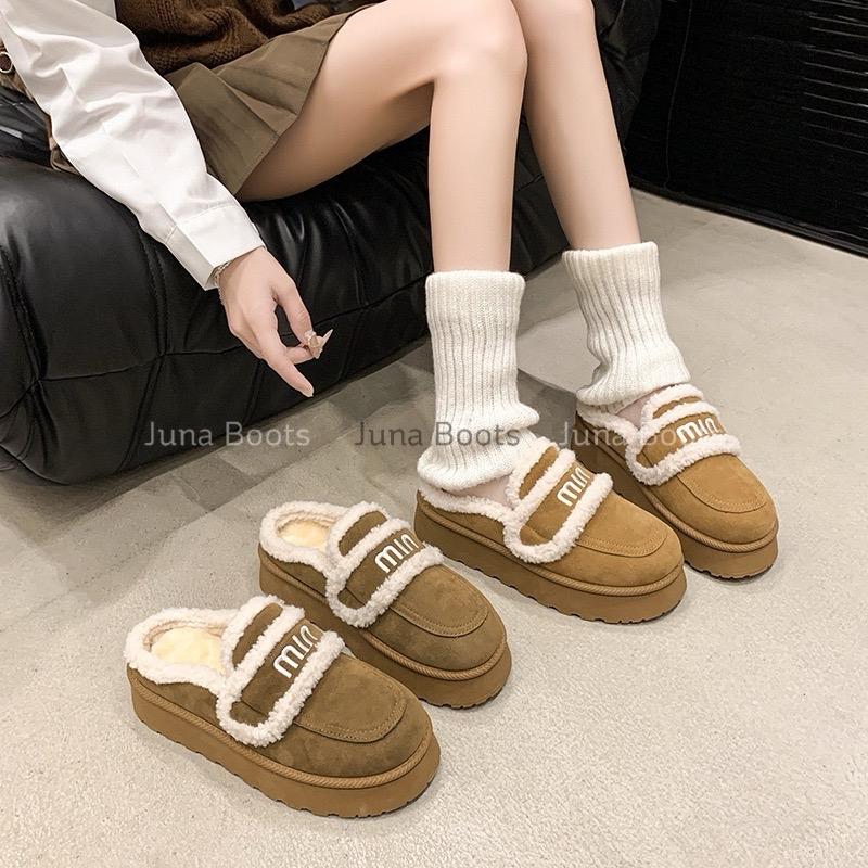 Dép lông nữ bít mũi da lộn kiểu mới 2024 - Giày sục lông cừu thêu chữ giữ ấm chân mùa đông