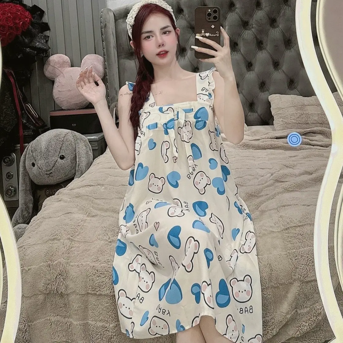 Váy 2 dây đầm mặc nhà cánh tiên chất lụa ngọc trai phom 45-75kg Váy Ngủ Dress Đầm Ngủ Khuy