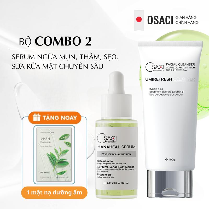 Combo Serum mụn thâm, sẹo rỗ, trẻ hóa da Osaci HanaHeal + Sữa rửa mặt cân bằng PH chuyên sâu dành cho da mụn, sẹo rỗ Osaci UmifreshCleaner Skincare