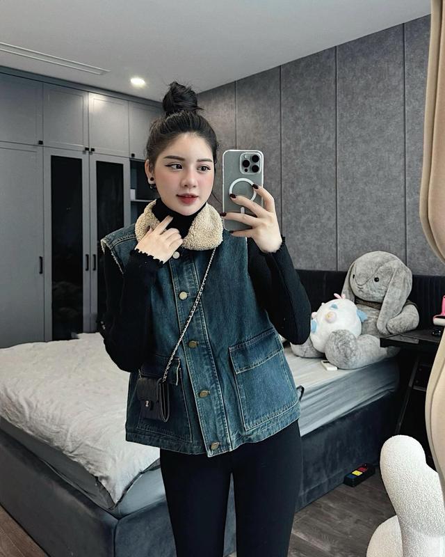 Áo Gile Jean Bò Denim cổ sen lót lông có BIGSIZE cho Nữ mùa thu Đông