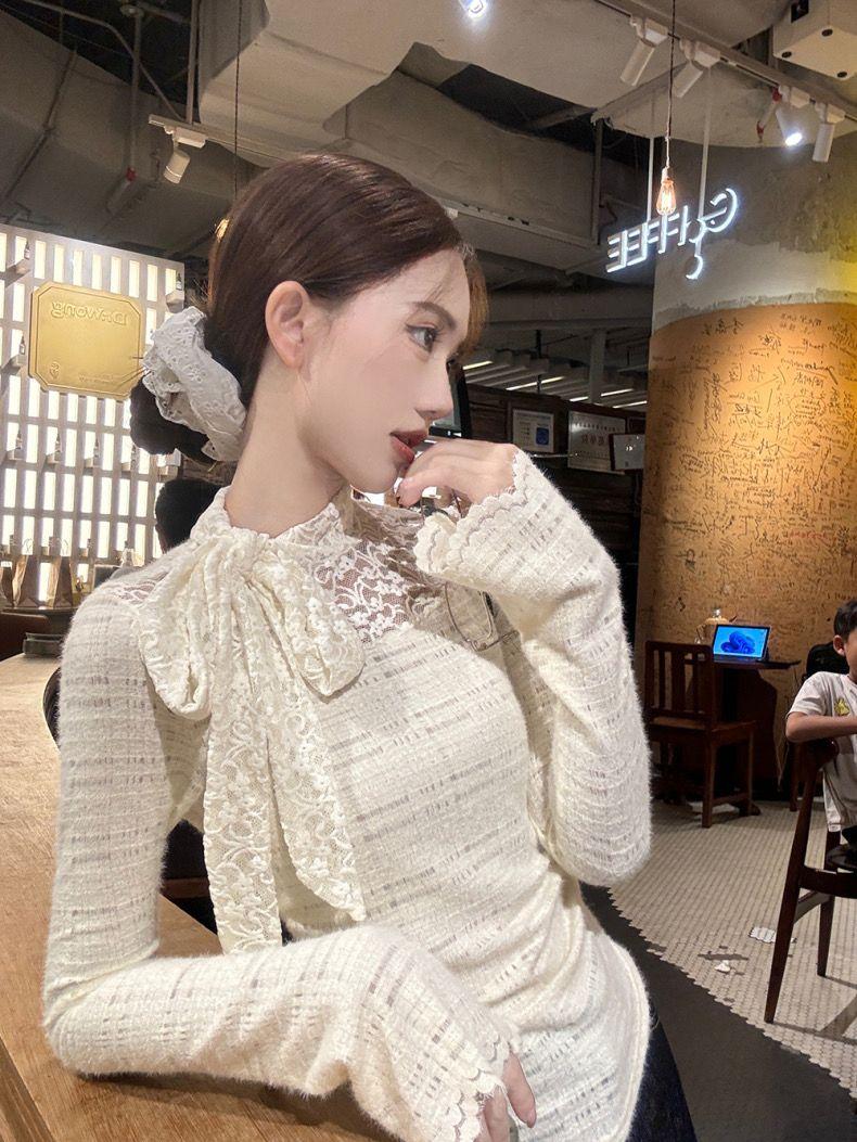 Product Introduction of Áo Lớp Nền Thiết Kế Mùa Thu Và Mùa Đông, Áo Phông Ren Vàng Nước Ngoài, Đồ Len, Áo Thanh Lịch, Giấu Bụng, Có Thể Mặc Bên Trong có thể giặt máy 【 trắng 】 hàng dệt kim Nữ 4