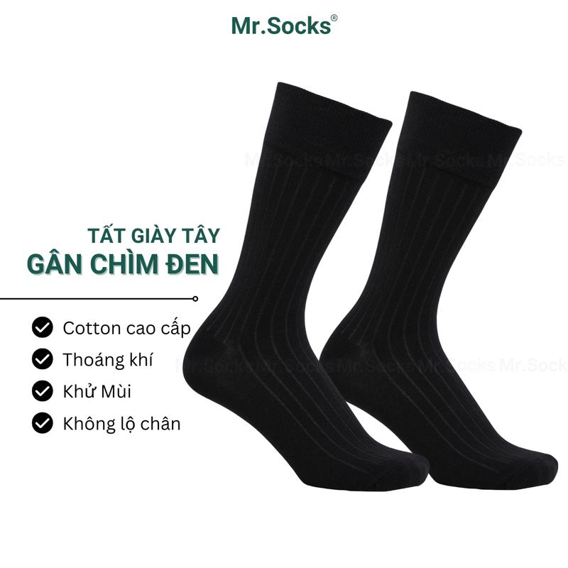 Tất nam công sở cổ cao Mr.Socks màu đen họa tiết gân chìm, vớ nam đi giày tây chất liệu cotton cao cấp hút ẩm thoáng khí - TAYGANCHIM-DEN