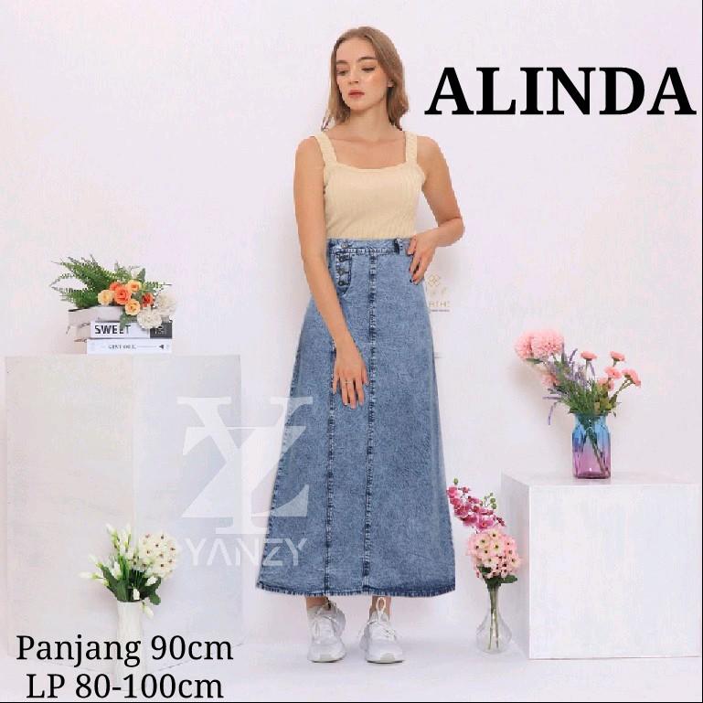 Rok Jeans Alinda Denim Skirt Button Panjang Wanita Terbaru Biru Hitam Waist 0