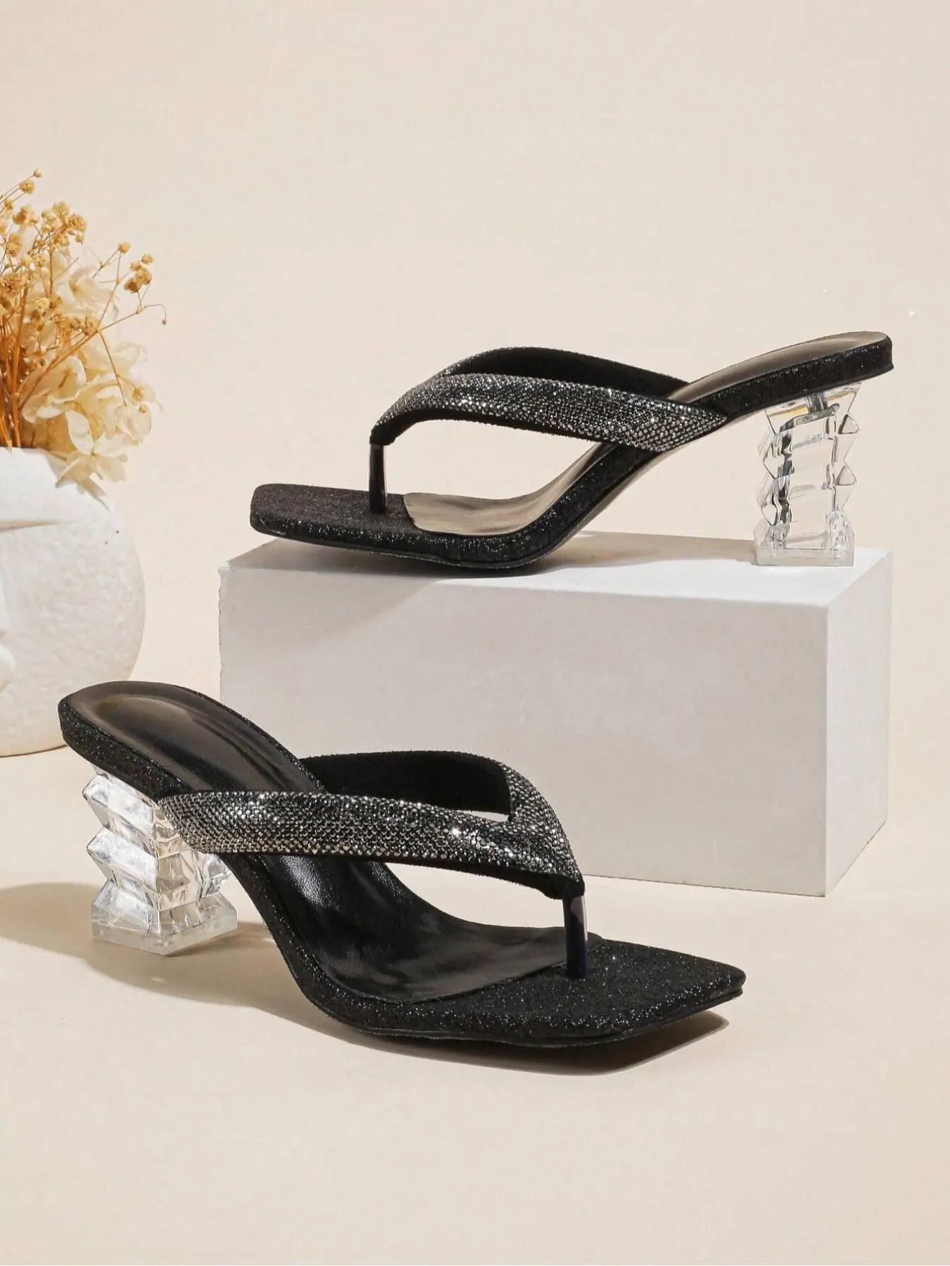 Women's Fashionable Rhinestone Decorated High Heel Sandals, Elegant Toe Thong Slide Sandals for Party, Daily Clothing Decor for Women & Girls