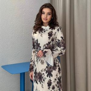 Pakaian Wanita, Rekaan Berlipat, Elegan, Fabrik Nipis, Gaun Panjang, Percetakan, Fesyen