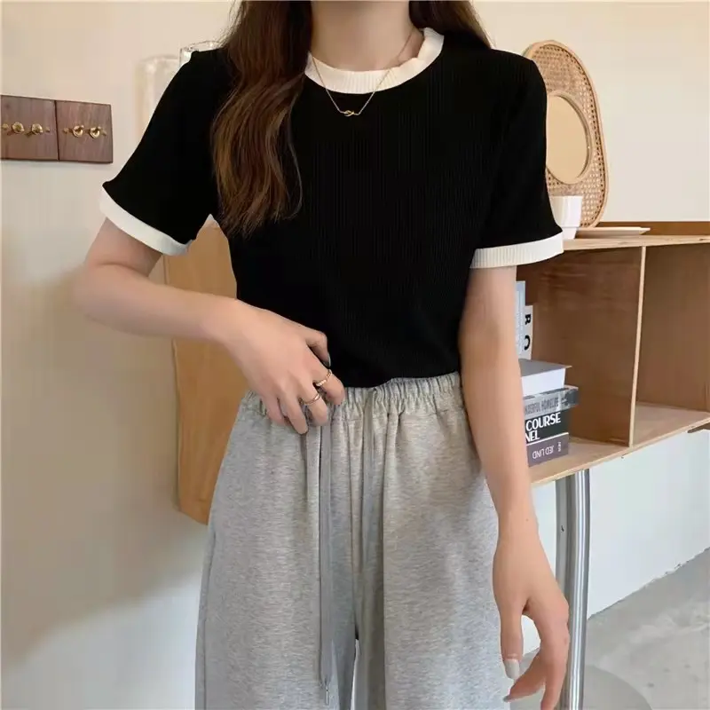 Áo Thun ngắn Tay Dệt Kim, Dành Cho Nữ, Co Giãn Mỏng Vừa Vặn, Màu Trơn Thích Hợp Để Xếp Lớp, Hàng Mới Về Mùa Hè 2024, Áo 7