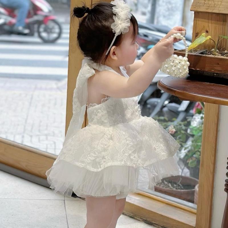 Set váy cổ yếm bé gái thêu ren mềm mại