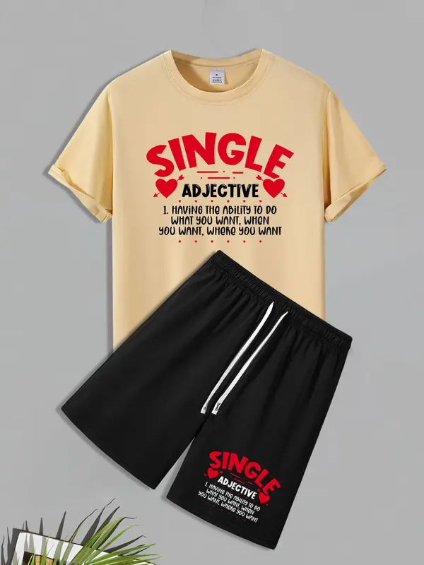 Men's Letter Print Short Sleeve Tee & Shorts Set, Regular Fit Round Neck T-shirt & Shorts, Casual Top & Bottoms for Summer Outdoor 2