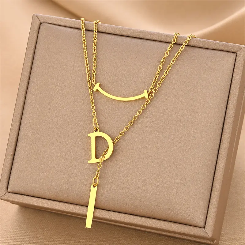 Fashion Elegant Multi Layer Tassel Letter D Stainless Steel Necklace for Women Titanium Steel Choker Clavicle Necklace Smile Pendant Neck Chain Trendy Jewelry Gift