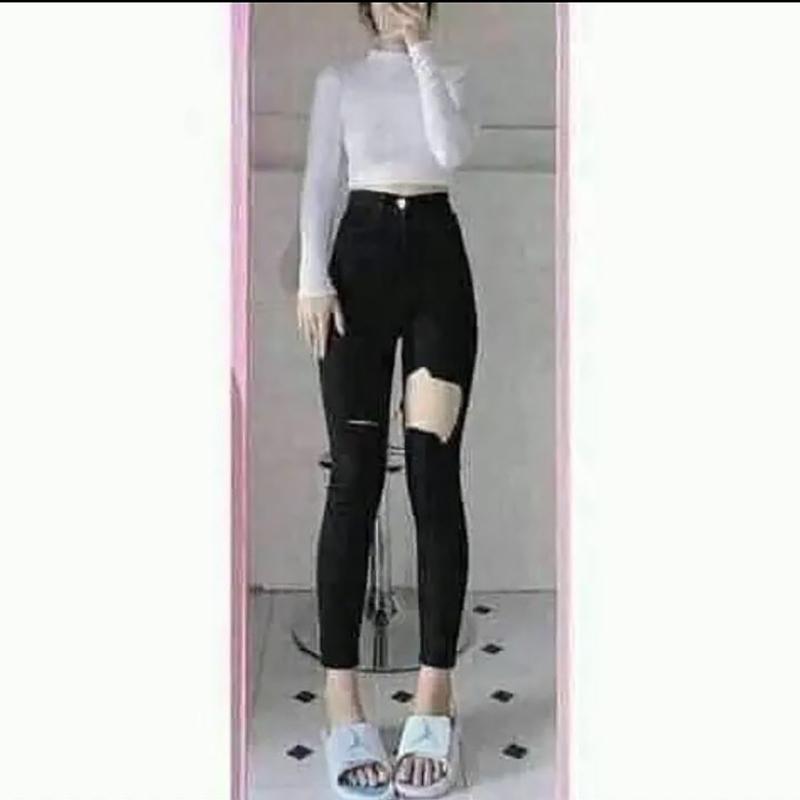 Quần jean nữ  ôm đen cạp siêu cao. Women Pants Rách Gối Denim Lưng Cao chcoco jeans