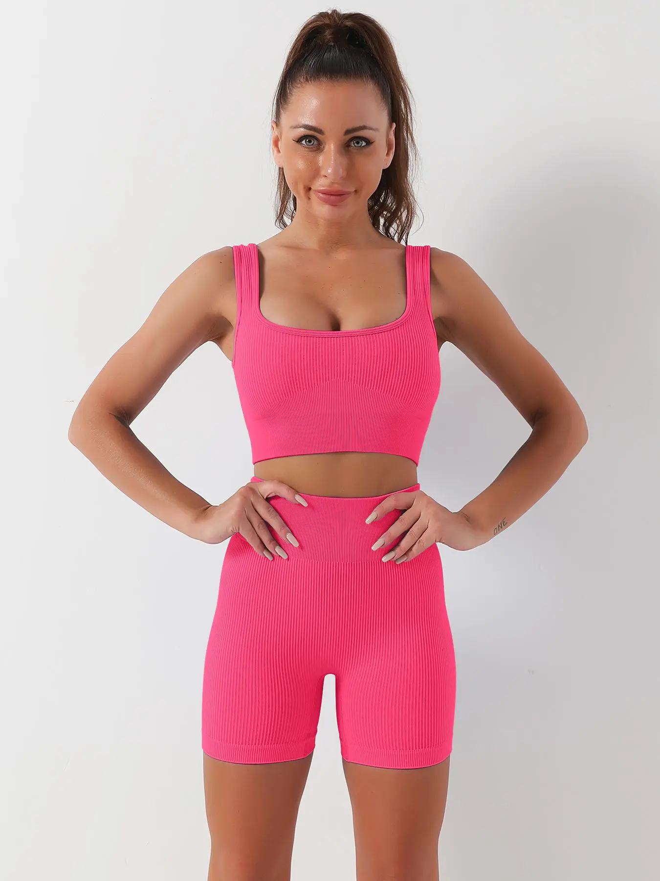 Women's Minimalist Solid Color Push Up Bra & High Waist Boxer Briefs Set, Summer Clothes Women, 2 Piece Set Breathable Comfortable Square Neck Wireless Ribbed Lingerie Top & Biker Shorts for Daily Wear, Workout Sets for Women, Women's Underwear Set