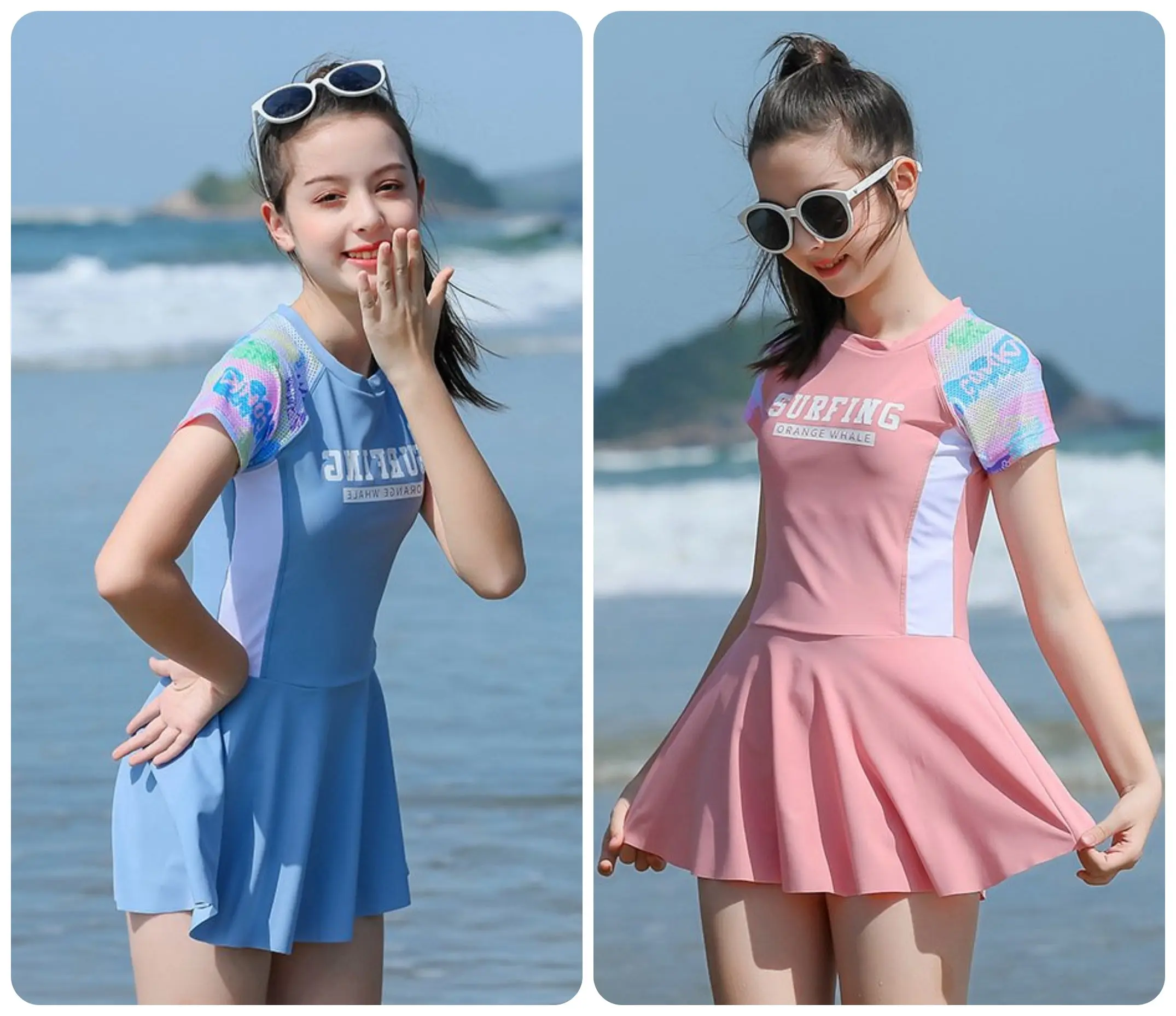 ộ đồ bơi bé gái Nanabu Fashion, bộ bơi bé gái Cộc tay SÙRFING kín đáo quần đùi kèm váy size đại(15-50kg)
