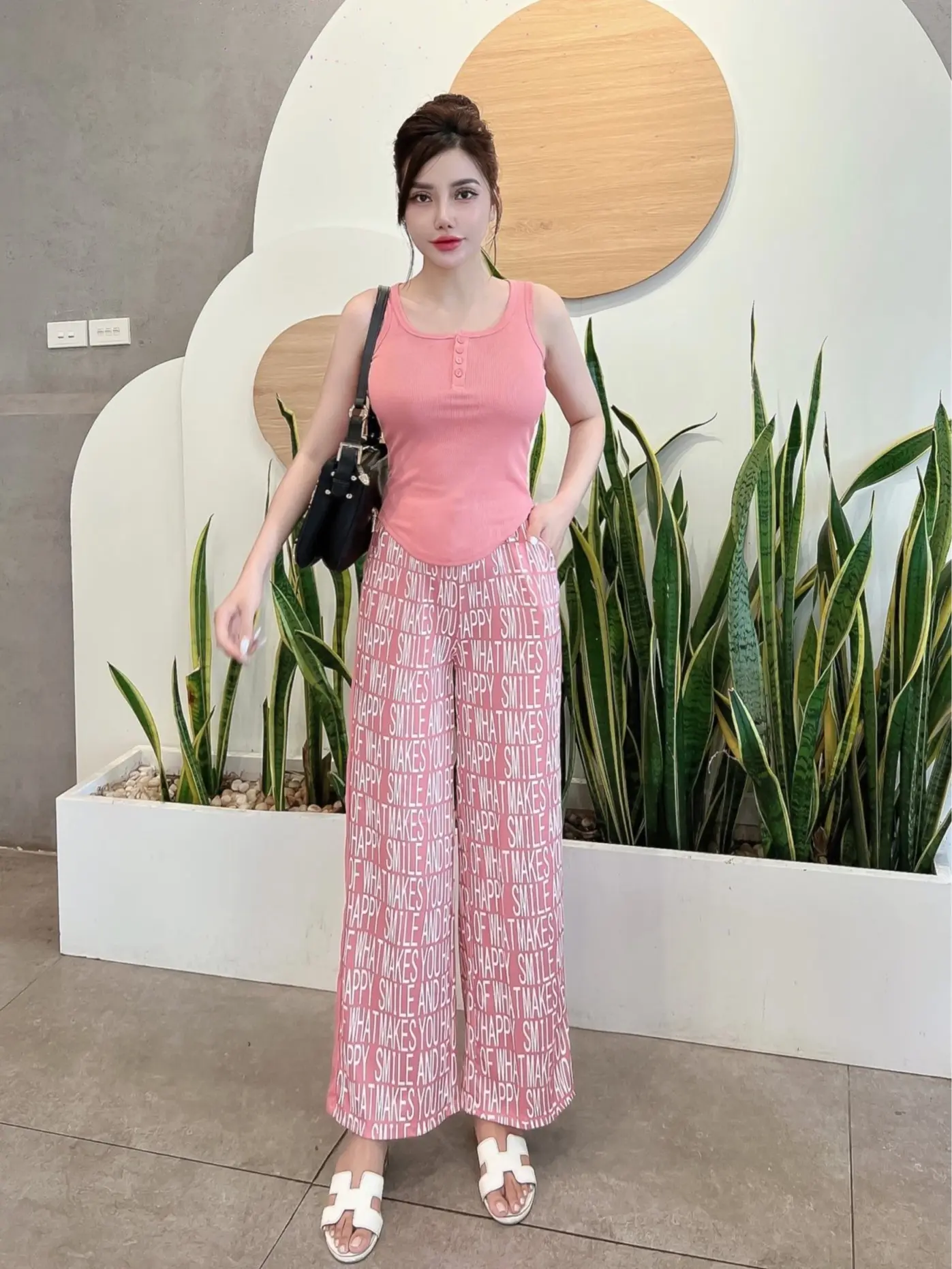 Đồ bộ nữ mẫu áo Ba Lỗ Cổ Trụ,quần dài hiệu Minky Mom hoạ tiết trơn thoáng mát Nữ Top Women