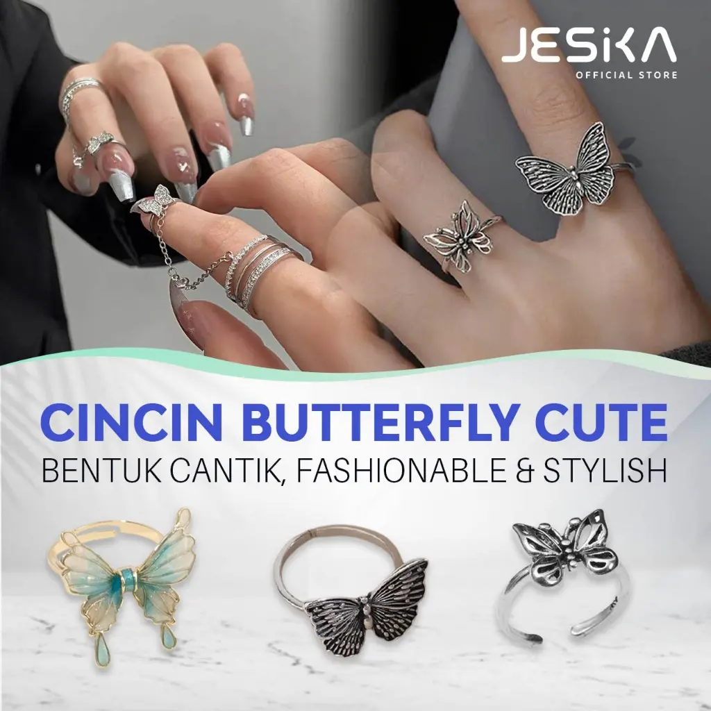 Cincin wanita aesthetic kupu-kupu emas gold silver fashion elegan skena rantai kristal blink keren lucu estetik adjustable tinggal kecil besarkan