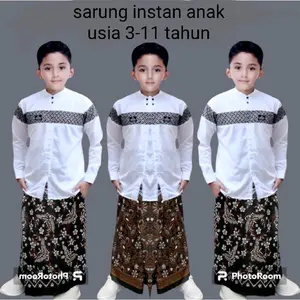 sarung anak instan sarung batik anak karet pinggang usia 3-11 tahun cod  Poliester Muslim Koko Baju Motif Katun Hitam Panjang Setelan Pendek Peci Peci