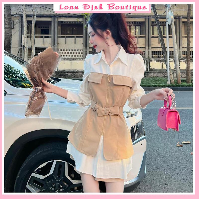 Set Bộ Áo Cổ Sơ Mi Phối Be Khóa Kéo Kèm Đai Thắt Eo Quần Short Đùi Siêu Cá Tính Loan Định Boutique LD138 Kem Nữ Kaki