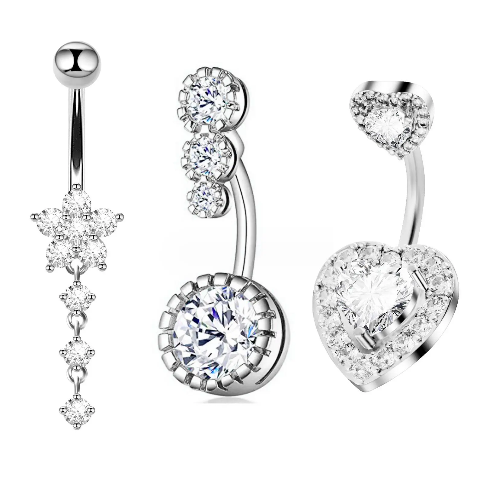 Love Round Petal Stainless Steel Belly Button Ring Set Zirconia Pendant Belly Button Nail Piercing Jewelry