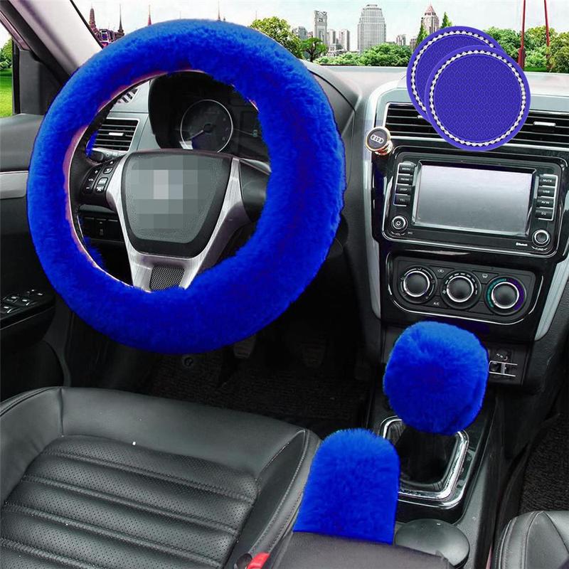 Car Steering Wheel Cover & Gear Shift Protector & Cup Holder Coaster, 5 Counts/set Plush Car Steering Wheel Protector, Universal Car Interior Accessories 3