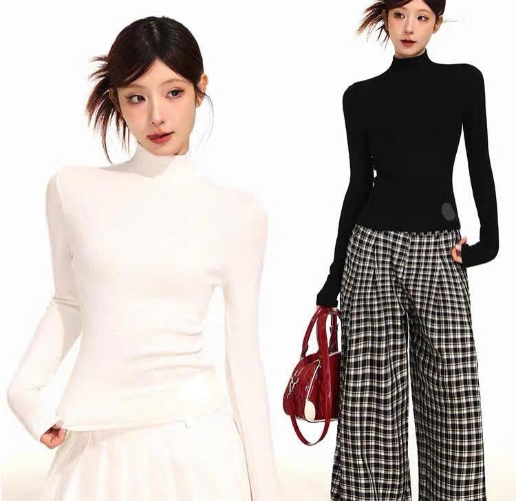 {CÓ SẴN} AL658 Áo thun giữ nhiệt nữ dài tay cổ cao 5 phân co giãn 4 chiều phong cách Hàn Quốc Basic Hạnh Hoàng Design