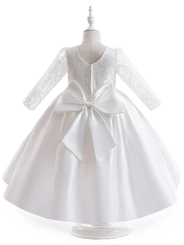 Girl's Contrast Lace Bow Decor Tiered Layer High Low Hem Satin Dress, Elegant Puff Sleeve Round Neck Midi Dress for Party Wedding Guest, Kids Clothes for All Seasons 8