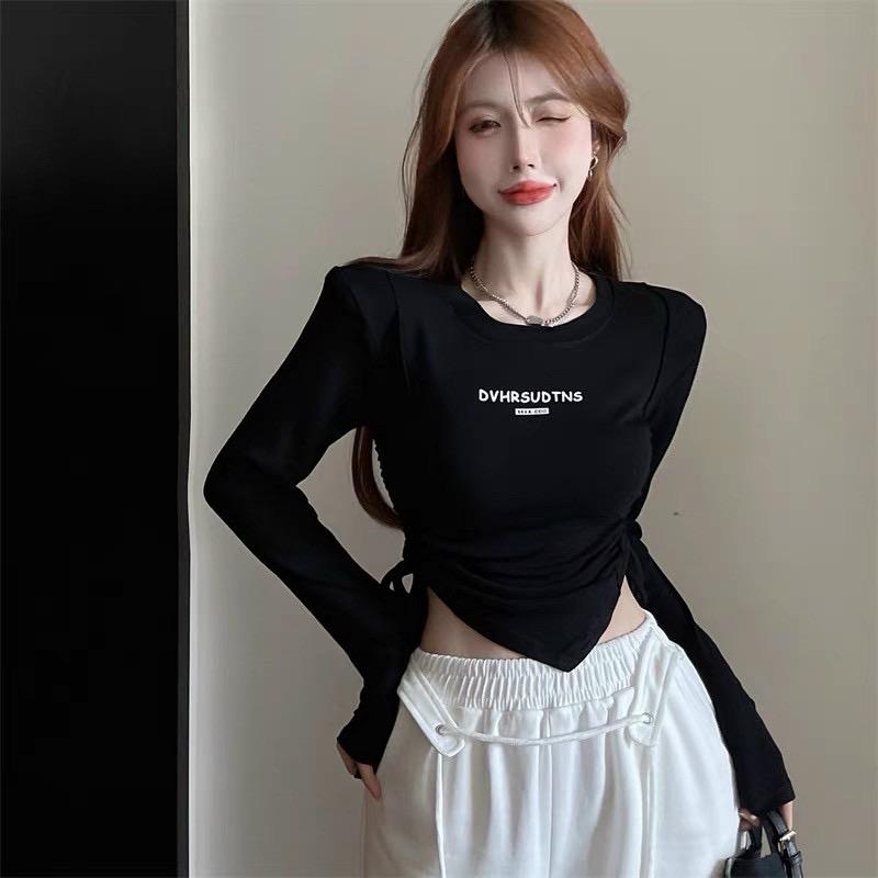 ÁO CROPTOP TAY DÀI RÚT DÂY IN RD33 Nữ Sơ Mi
