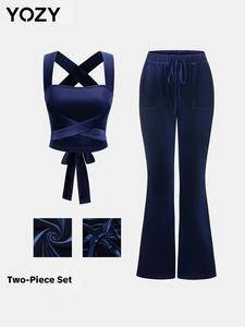 YOZY Women's Solid Criss Cross Tie Back Crop Tank Top & Pocket Flare Leg Pants Two-piece Set, Casual Fashion Cozy Two Piece Outfits for Daily Outdoor Wear, Ladies Clothes for All Seasons