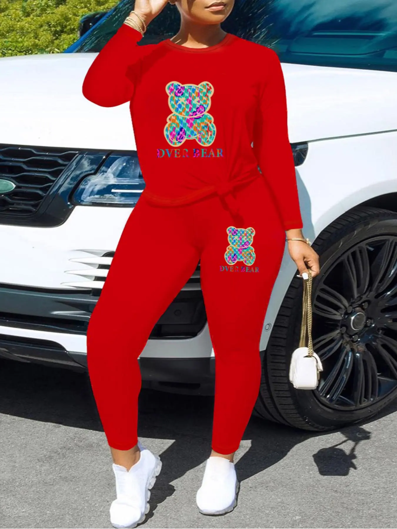 Women's Cartoon Bear Graphic Print Long Sleeve Tee & Skinny Pants Set, Gypsy Tracksuits, Casual Round Neck T-shirt & Trousers for Spring & Fall, Women's Clothes for Daily Wear