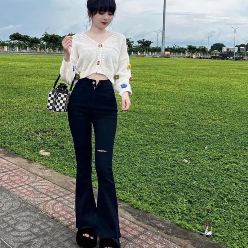 Bigsize 35-100kg Quần Jeans giấy Nữ Ống Loe Đen RÁCH đùi - Tua Gấu Lưng Cao Co Giãn ảnh + Video thật