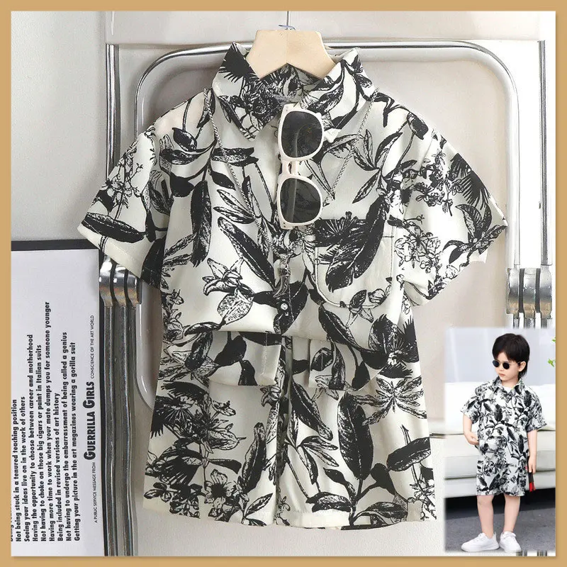 Casual Hawaiian Outfit for Kids Boy Summer Clothes for Kids Boy Terno Floral Polo Shirt Tops + Shorts Pants Children Holiday Beach Baju Seluar