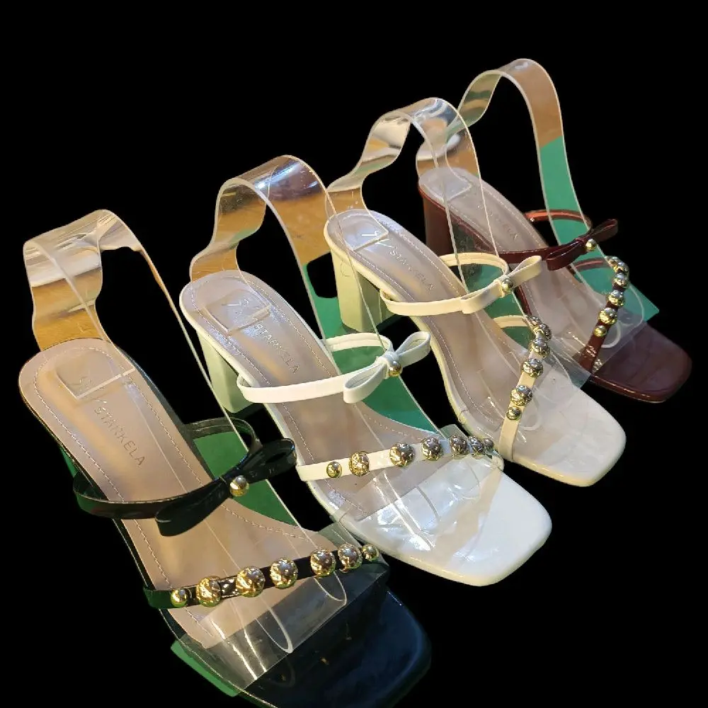 Giày cao gót nữ sandal quai nhị dây hạt đồng gót 5cm và 7cm