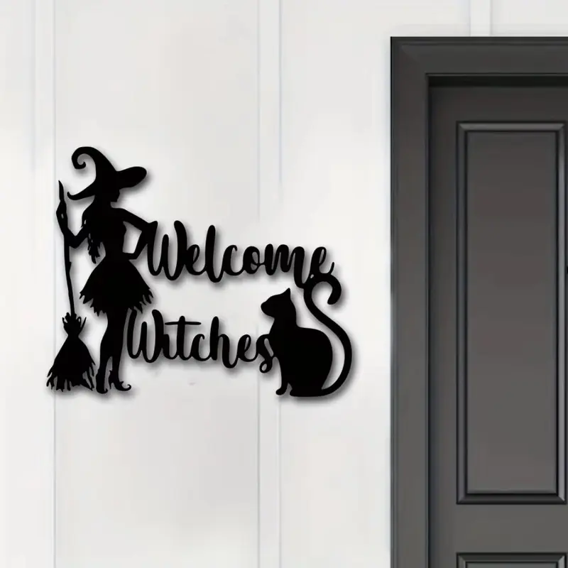 Halloween Themed Wall Art Decor, Witch & Cat & Broomstick Welcome Sign, Festive Hanging Home Decor & Holiday Door Plaque 2