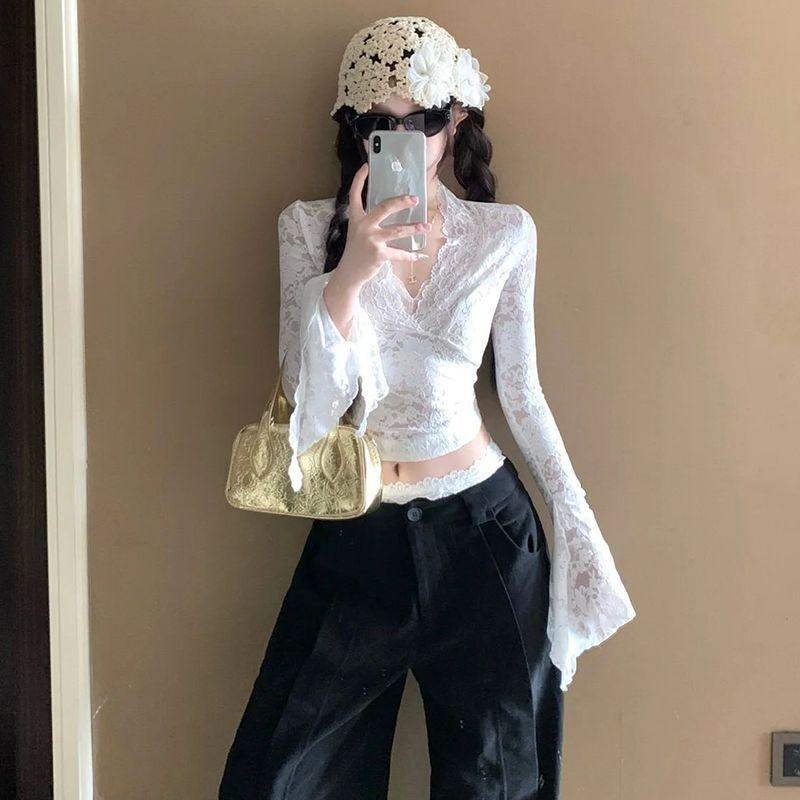 Áo Ren Thiết Kế Đẹp Cổ Chữ V Gợi Cảm, Dài Tay, Dành Cho Phụ Nữ, Đầu Mùa Thu, Hàng Mới Về, Dễ Thương Và Gợi Cảm, Áo Mặc Bên Ngoài Bó Sát Ngắn Cô Gái Nóng Bỏng, Phong Cách Y2K, Xu Hướng 2024 Top Women 4