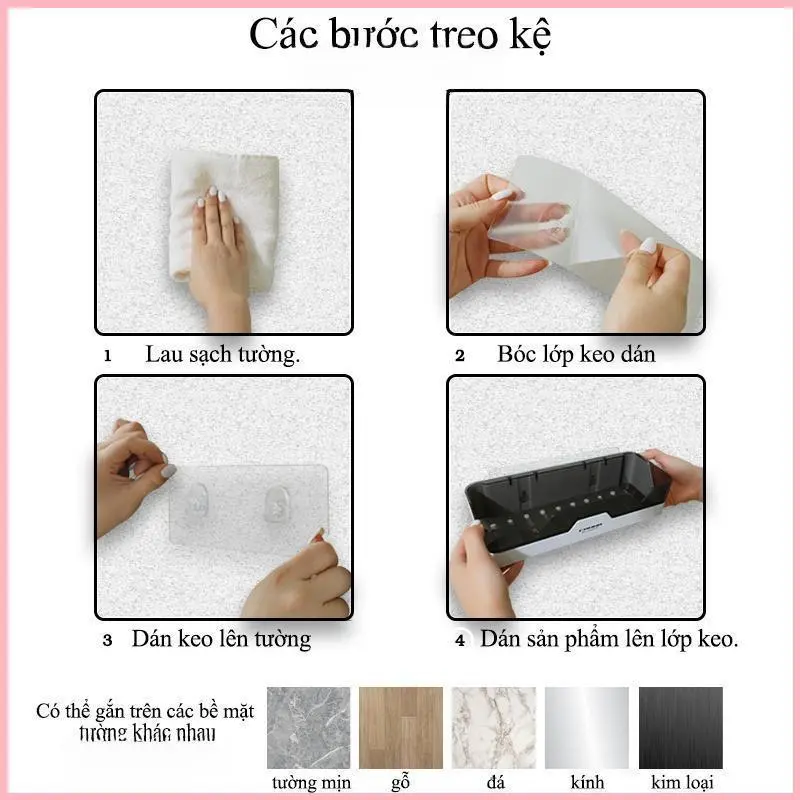 NIJIEOASHOP Kệ để đồ nhà tắm dán tường, kệ chữ nhật không cần khoan tường nhựa PP cao cấp, sang trọng Dimino 4