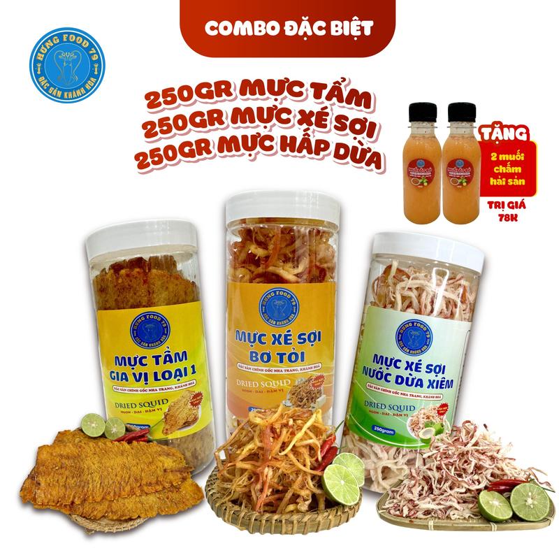 [COMBO ĐẶC BIỆT] Mực Cán Tẩm Loại 1 + Mực Hấp nước Dừa + Mực Xé Sợi Bơ Tỏi -Đặc Sản Nha Trang [TỔNG 750g] - [TẶNG] 02 Chai Muối Ớt Đỏ Ăn Vặt Snack Food đồ ăn nhẹ khô muctam giavi food hằng du mục Thức Ăn muc cantam combo tet doanvat Chua Sen Socola