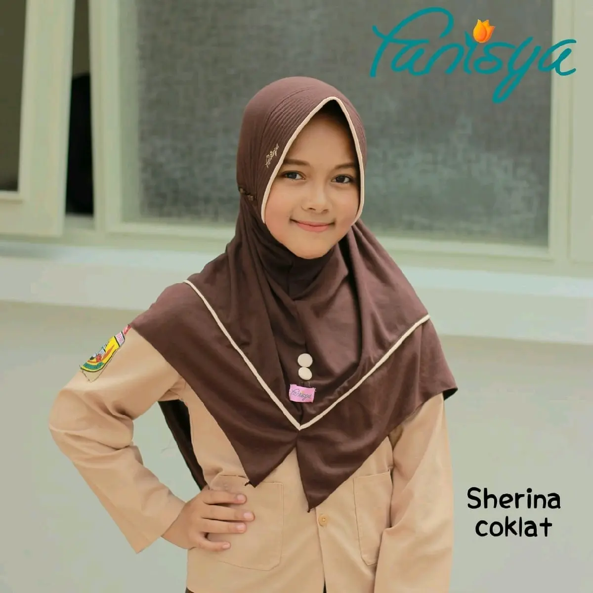 Fanisya Jilbab kerudung bergo sekolah anak SD Fanisya 01 Ori Putih Cokelat Putih Nyaman Simple Muslim Pad