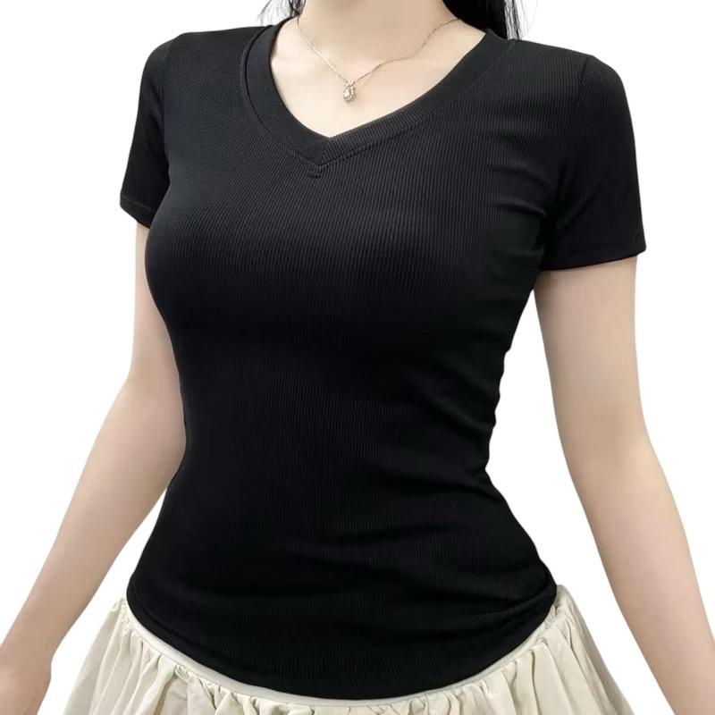 ￼Áo Thun Nữ Tay Ngắn Kiểu Cổ Tim TRANGCLOTHINGG Phong Cách Basic A51145 - 2 CHẤT VẢI CAO CẤP 1