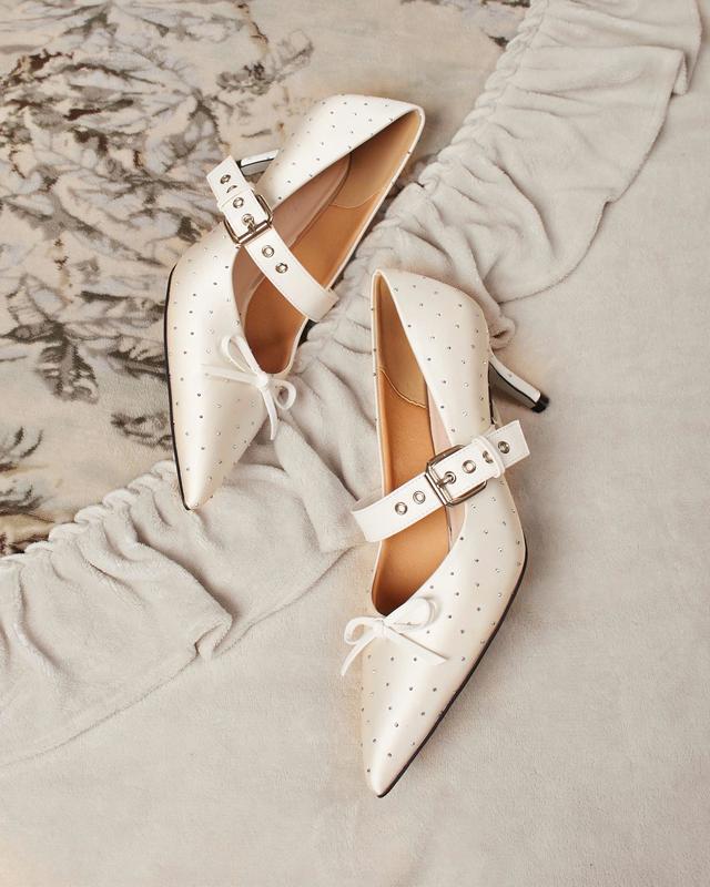 LT24- Giày bít mũi nhọn, nơ ria mèo, quai ngang đính đá gót 5cm Alex Sara Nữ Shoes