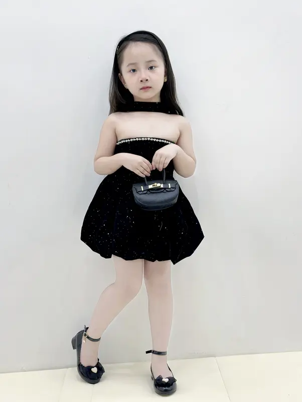 [10-42kg] Đầm bí nhung đen kim tuyến viền đá siêu sang chảnh cho bé gái váy mặc đi tiệc begai công chúa tiểu thư 5