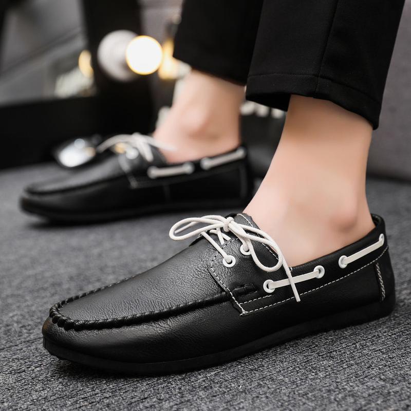Round Toe Shoes Casual Men's Slip-on Leather Shoe Flat Lightweight Breathable Dress Shoes 2024 New 2