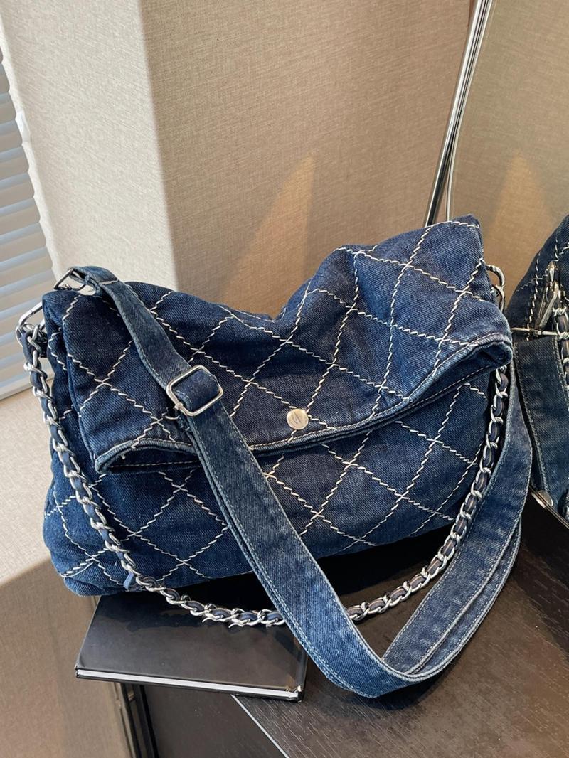 Product Introduction of Women's Elegant Denim Purse Crossbody Bag, Fashionable Chain Decor Crossbody Bag, Trendy All-match Shoulder Bag for Daily Use 0