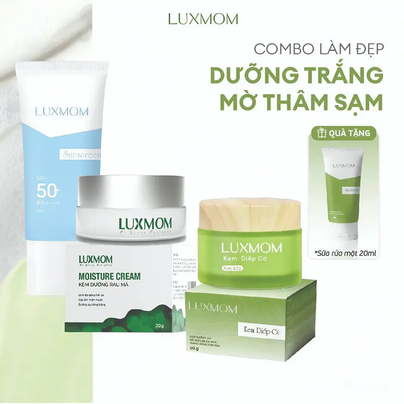 [MUA 1 ĐƯỢC 4] Combo Gồm Kem Diếp Cá Luxmom + Kem Dưỡng Rau Má + Kem Chống Nắng + Tặng Kèm Sữa Rửa Mặt 20ml - Hỗ Trợ Giảm Mụn, Giảm Nám, Dưỡng Trắng Da, Cấp Ẩm Chuyên Sâu 0