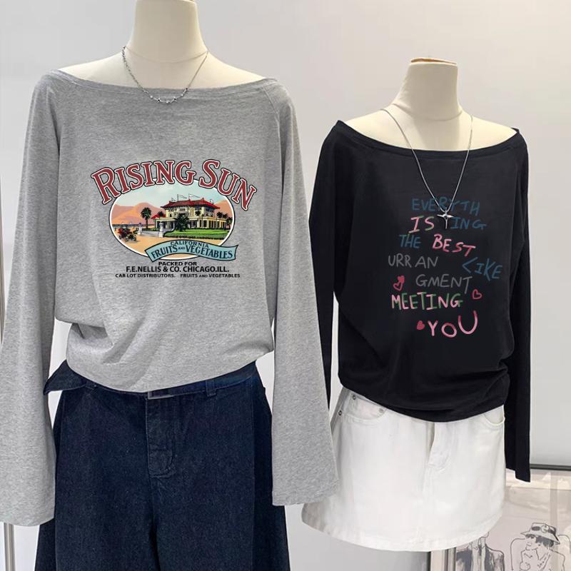 Product Introduction of Áo thun Dài Tay Nữ Lệch Vai In Hình ANHSTORE, chất 100% cotton 4 chiều cao cấp, phom rộng cá tính - Top Nữ - Women áo  lệch áo  ngang Nhung Cổ Tròn 18
